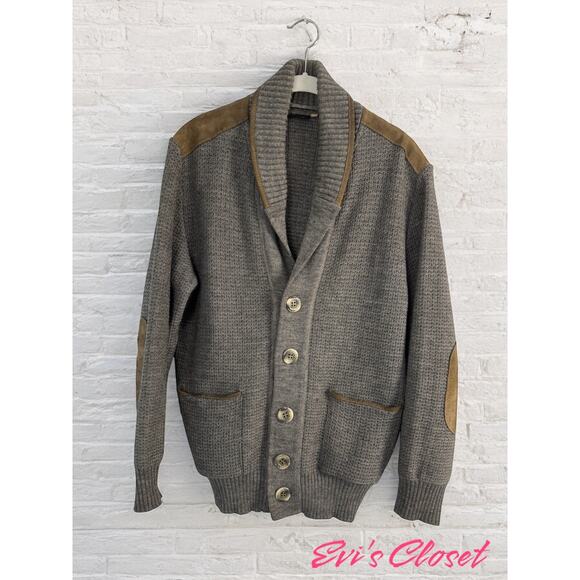 Dornbusch Virgin Wool Cardigan Leather Shoulder Elbow Patches Shawl Collar US 40 - Picture 2 of 15